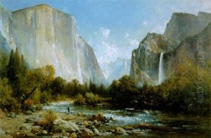 A Fisherman And His Dog On The Bank Of The Merced River, Yosemite by Thomas Hill