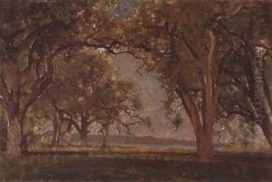 Landscape With Oaks And A Lake Beyond