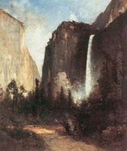 Travelers By A Campfire Near Bridal Veil Falls, Yosemite by Thomas Hill