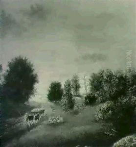 Farmer With An Ox-drawn Cart In A Country Landscape by Thomas Hill