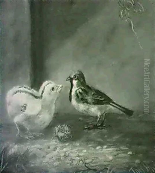 A Chick And A Sparrow With A Berry - view 1