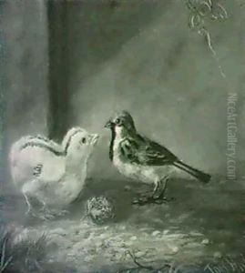 A Chick And A Sparrow With A Berry