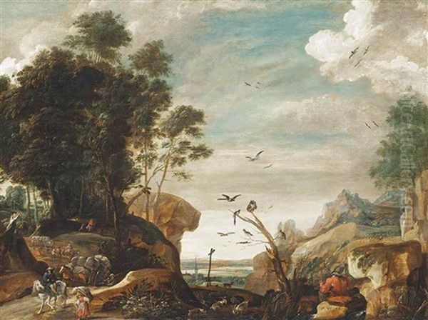 A Wooded Landscape With Travellers On A Path, A Man Catching Birds, A Town Beyond - view 1