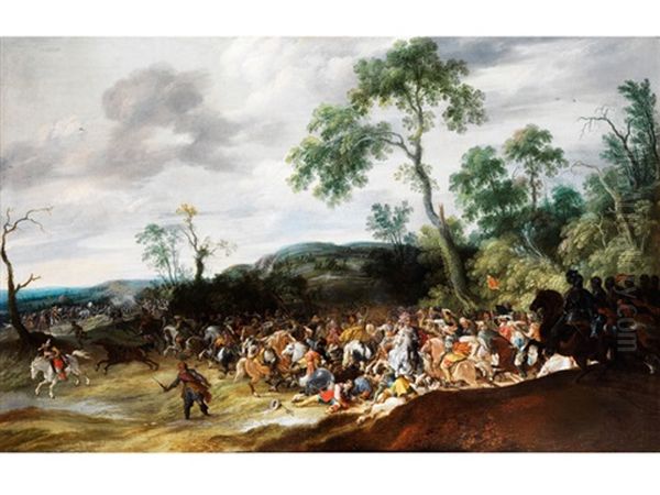 Grosse Schlachtenszene In Hugeliger Landschaft Mit Eichenbaumen - view 1