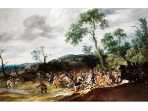 Grosse Schlachtenszene In Hugeliger Landschaft Mit Eichenbaumen by Pauwels van Hillegaert
