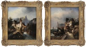Port Scene With Houses And Boats By The Shore And A Mill With A Castle On A Distant Mountain (pair) by Heinrich Hiller