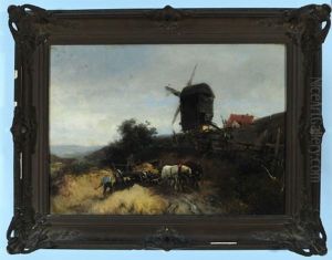 Niederlandische Landschaft Mit Muhle Und Bauern Bei Der Getreideernte by Heinrich Hiller