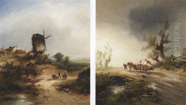 Windmuhle Auf Einer Anhohe. Im Vordergrund Bauernfamilie Mit Einem Heuwagen - view 1