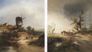 Windmuhle Auf Einer Anhohe. Im Vordergrund Bauernfamilie Mit Einem Heuwagen by Heinrich Hiller