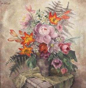 Sommerstraus Mit Lilien, Anemonen, Rosen Und Farn In Einer Keramikvase