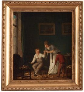 En Gasse Talgt Och Skurit Sig I Handen Och En Flicka Forbinder by Pehr Hillestroem