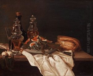 Stilleben Med Olje- Och Attiksflaskor, Agg, Brod Och Lokar