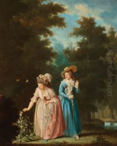 2ne Fruent: Der Soker Att Fastaga En F(j)eril Pa En Blomma (two Ladies Trying To Catch A Butterfly) by Pehr Hillestroem