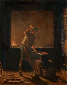 Interior Av En Klensmedja Med En Smed I Arbete by Pehr Hillestroem