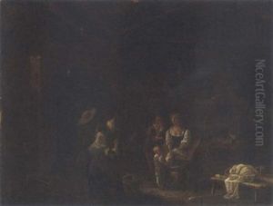 A Barn Interior With Peasants Washing Clothes