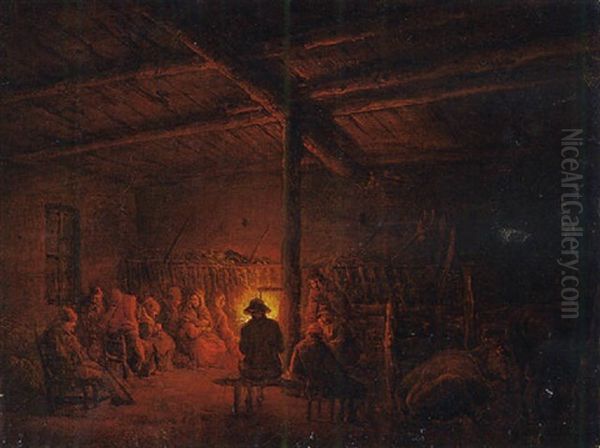 A Barn Interior With Peasants Around A Fire - view 1