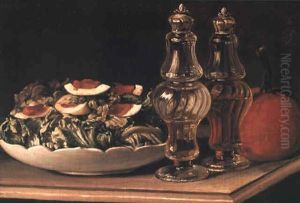 Stilleben Med Salladsfat Och Flaskor F"r Olja Vin,ger