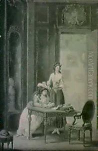 Ett Fruentimmer Sitter Och Laser Samt Hennes Servant,       Staende Med En Kopp The - Kabinettsinterior Fran 1780-talet