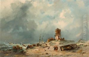 Figures On The Coast During Stormy Weather by Adrianus David Hilleveld