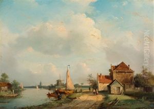 Dutch Summer River Landscape With Travelers And Anglers by Adrianus David Hilleveld