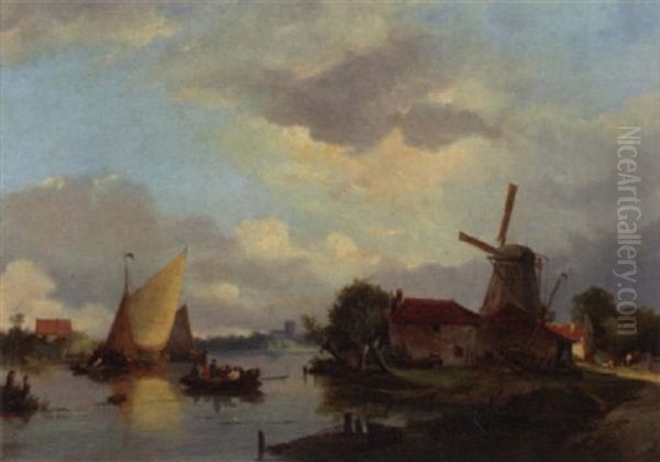 A River Landscape In Summer With Figures On A Ferry - view 1