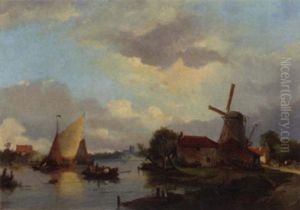 A River Landscape In Summer With Figures On A Ferry by Adrianus David Hilleveld