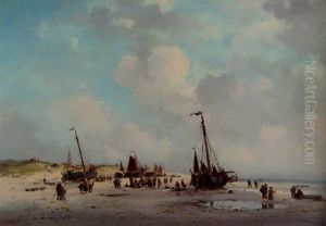 The Daily Catch: A Beachscene In Summer With Fisherfolkand Bomschuiten, Scheveningen