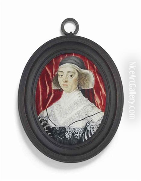 A Lady In Black Dress With White Lace Collar; Red Wet-in-wet Curtain Background - view 1
