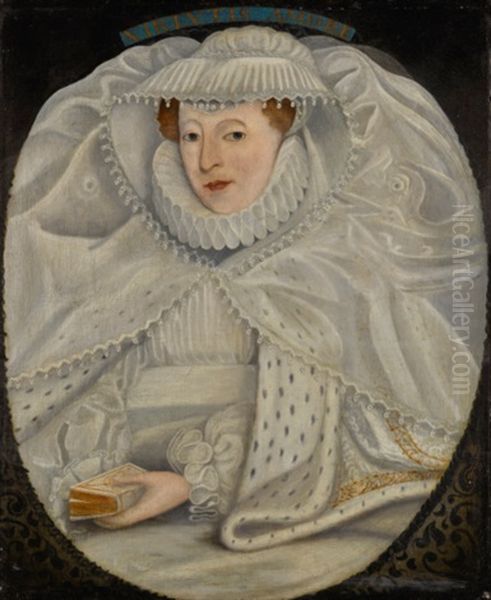 Portrait Of A Lady, Probably Elizabeth Cooke, Lady Hoby And Later Lady Russell (1528-1609), Half-length, In A White Dress, Ruff And Lace Cap, With An Ermine Cloak, A Bible In Her Left Hand, In A Painted Oval by Nicholas Hilliard