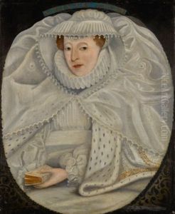 Portrait Of A Lady, Probably Elizabeth Cooke, Lady Hoby And Later Lady Russell (1528-1609), Half-length, In A White Dress, Ruff And Lace Cap, With An Ermine Cloak, A Bible In Her Left Hand, In A Painted Oval by Nicholas Hilliard