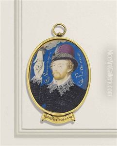 A Young Gentleman, Clasping A Hand From A Cloud, With Reddish Fair Curling Hair And Moustache, Wearing A Pinked Black Doublet With Wide Falling Lace...