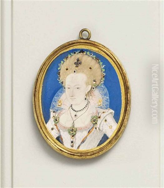 Anne Of Denmark (1574-1619), In White Dress With Pink Embroidery, With Jewelled Green Rosettes And White Standing Lace Collar; Her Light Brown Hair... - view 1