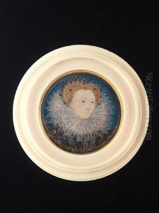 Queen Elizabeth I Wearing Black Figured Dress Studded With Jewels And A Fine White Lace Ruff, Gold And Ruby Crown, Seven Sapphires In Her Curled Hair by Nicholas Hilliard