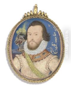A Gentleman, In White Doublet, Gold And Jewel-set Gorget And High Lace Ruff by Nicholas Hilliard
