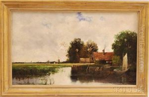 Riverside Farm With Distant Windmill by William Henry Hilliard