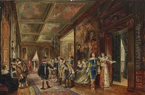 Court Courtiers In Costumes Of The 17th Century Waiting For The Ruler In A Magnificent Castle Hallway