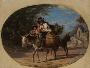 Italienischer Bauer Auf Einem Esel Mit Zwei Kindern Italienischer Bauer Auf Einem Esel Mit Zwei Kindern