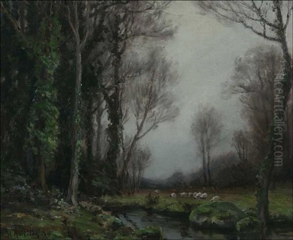 Sheep In A River Landscape - view 1
