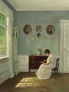 Interior Of A Sunny Sitting-room With A Woman Playing A Mandolin