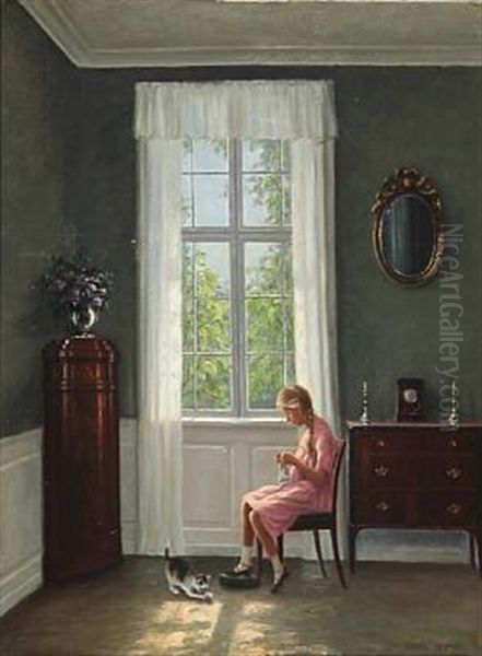 Interior With A Young Girl And A Playful Cat At A Window - view 1