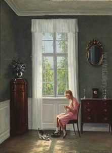 Interior With A Young Girl And A Playful Cat At A Window