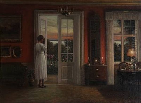 Drawing Room Interior With A Lady Enjoying The Sunset At The Garden Door - view 1