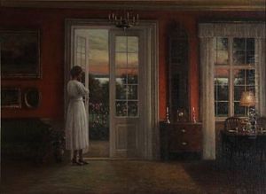 Drawing Room Interior With A Lady Enjoying The Sunset At The Garden Door by Hans Hilsoe