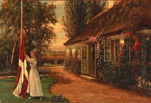 A Woman Hoists The Danish Flag In A Garden