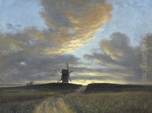 Landschaft Mit Windmuhle Bei Sonnenaufgang
