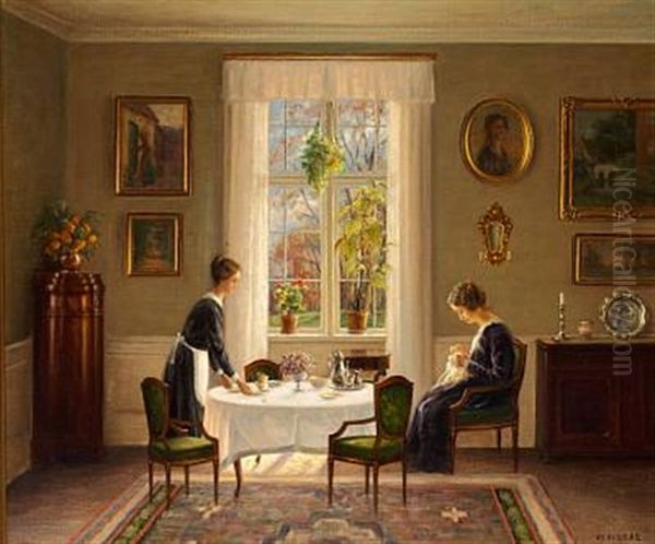 Interior With A Maid Serving Tea For Her Mistress - view 1