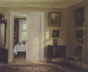 Interior, Et Kig Fra Stuen Ind Til Det Veldaekkede Bord I Spisestuen