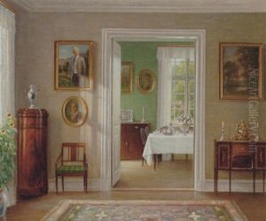 Interior Fra Et Herskabshjem Med Malerier Pa Vaeggene Og Et Smukt Daekket Bord I Den Fjerneste Stue by Hans Hilsoe