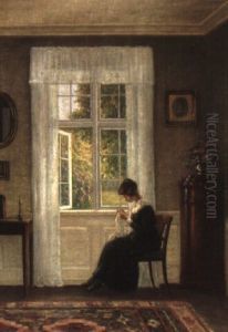 An Interior Scene With A Lady Sewing by Hans Hilsoe