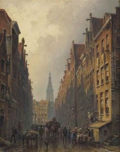 A Busy Streetscene In The Jewish Quarter, Amsterdam by Eduard Alexander Hilverdink